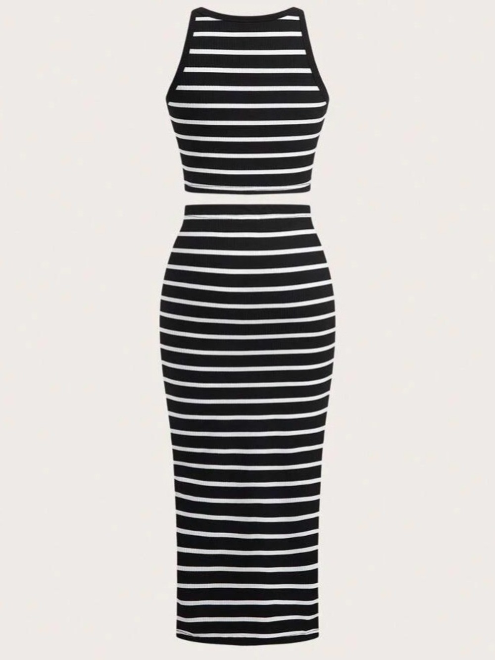 Sleeveless Black & White Striped Skirt Set